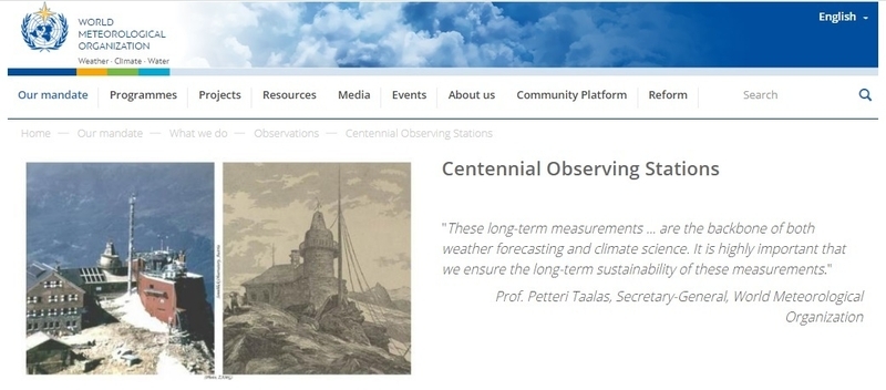 世界気象機関（WMO）が認定する「100年観測所」の紹介ページ