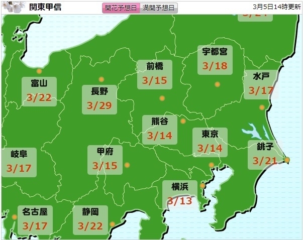 関東・東海地方のさくら開花予想日、3月5日発表（ウェザーマップ）