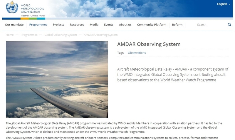 世界気象機関（WMO）の航空機気象データリレープログラム（AMDAR）紹介ページ