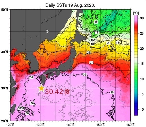 日本近海の海面水温分布図（8月19日）：気象庁ホームページより（星マークと海面水温は著者が加えた）