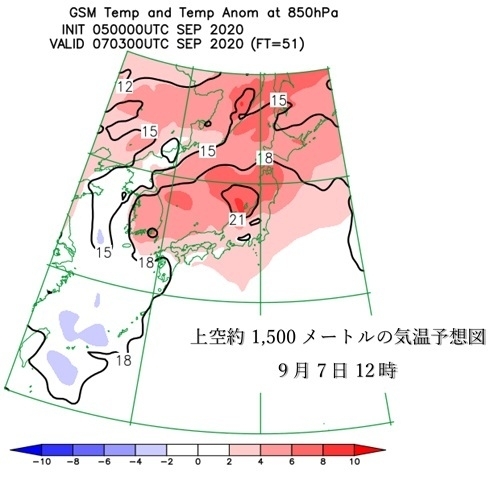9月7日12時の上空約1,500メートルの気温予想図：北陸地方では21度の暖気が予想されている（ウェザーマップ作画）