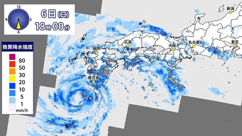 九州に接近する台風10号を捉えた気象レーダ図（2020年9月6日18時、ウェザーマップ作画）