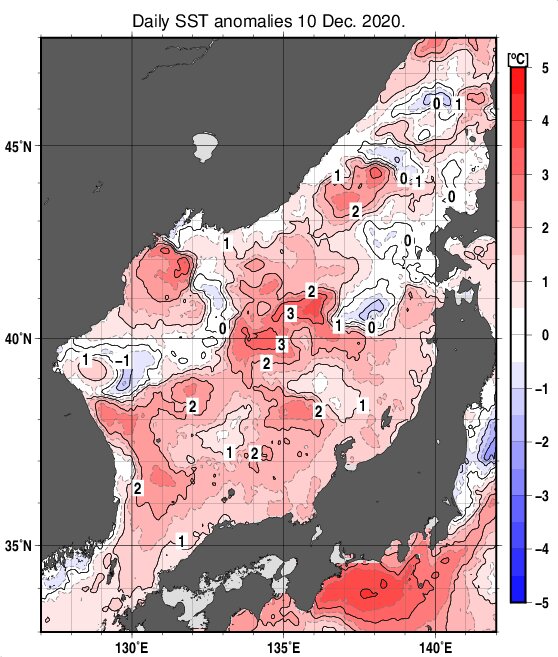日本海の海面水温の平年差を表した図、2020年12月10日（気象庁ホームページより）