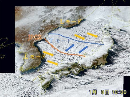 1月8日10時の雲画像（雲画像はウェザーマップ、雲の説明は著者作成）