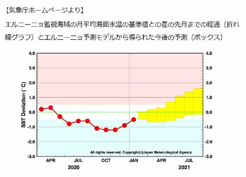 エルニーニョ予測モデルから得られた今後の予測（黄色ボックス）、気象庁ホームページより