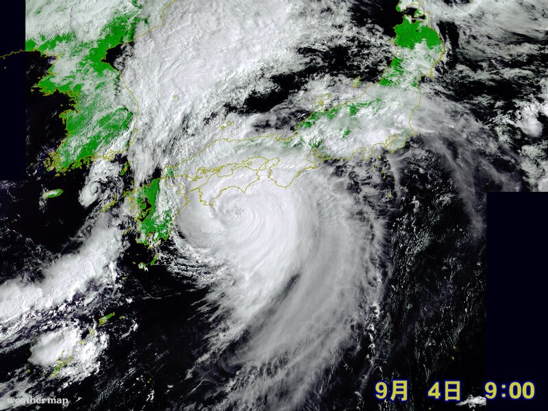 2018年9月4日、四国沖を北上する台風21号（ウェザーマップ作画）
