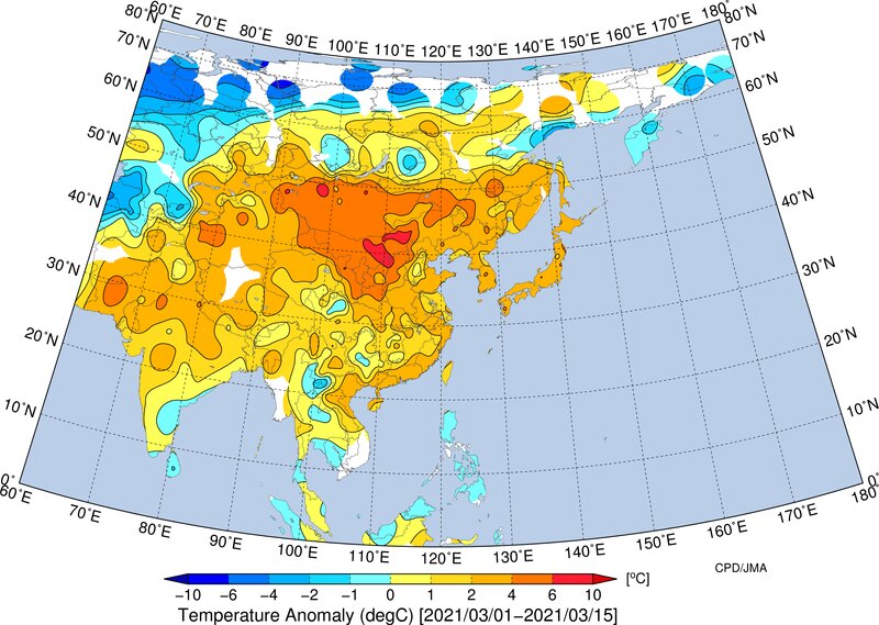 2021年3月前半、アジアの平均気温の平年差を示した図。暖色は気温が平年より高いことを示す（気象庁ホームページより）