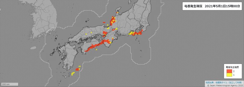 竜巻発生確度ナウキャスト：発生確度2（赤）は竜巻などの激しい突風が発生する可能性があり、竜巻注意情報が発表されている地域を示す（気象庁ホームページより）