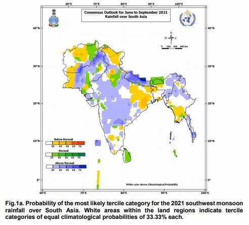 南西モンスーンシーズンの降雨予測マップ、世界気象機関「南アジア気候予測フォーラム」より