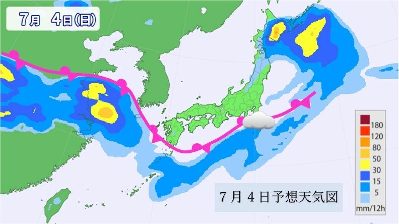 7月4日（日）の予想天気図（ウェザーマップ作画に、著者が梅雨前線とくもりマークを加えた）