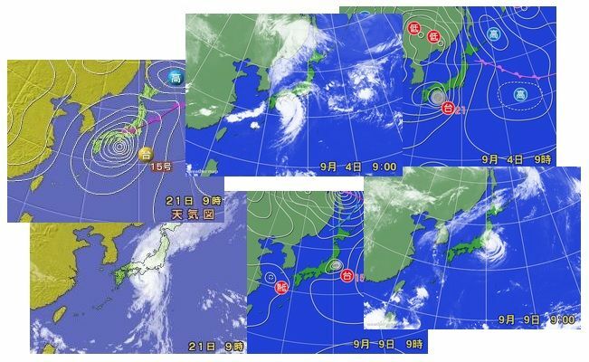 近年、9月に上陸した台風　天気図と雲画像（気象人より、著者作成）