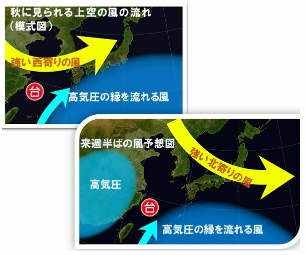 秋に見られる上空の風の説明図と台風14号に関係する風を予想した図（著者作成）