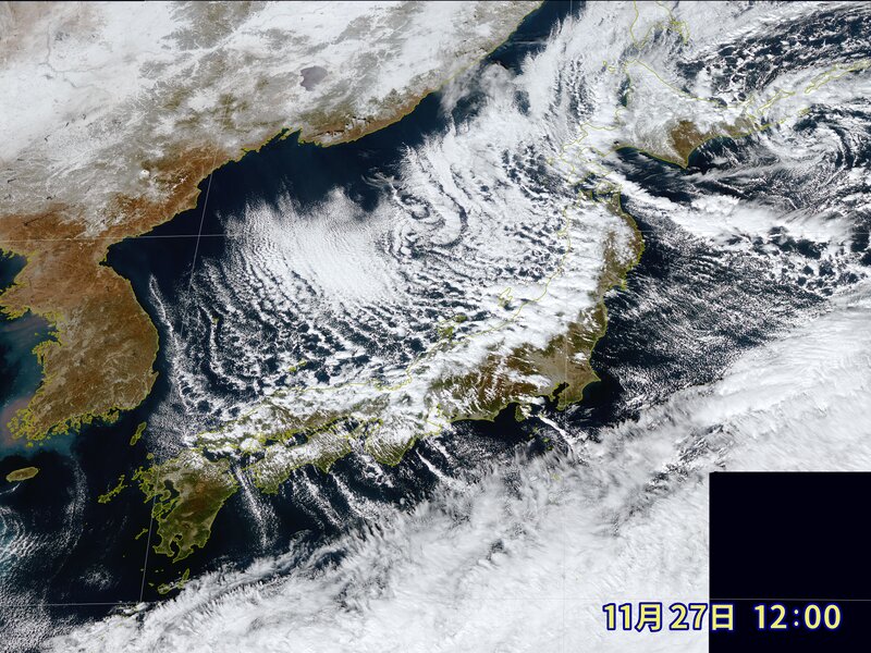 2021年11月27日12時　気象衛星ひまわりがとらえた日本海の雲域（ウェザーマップ作画）