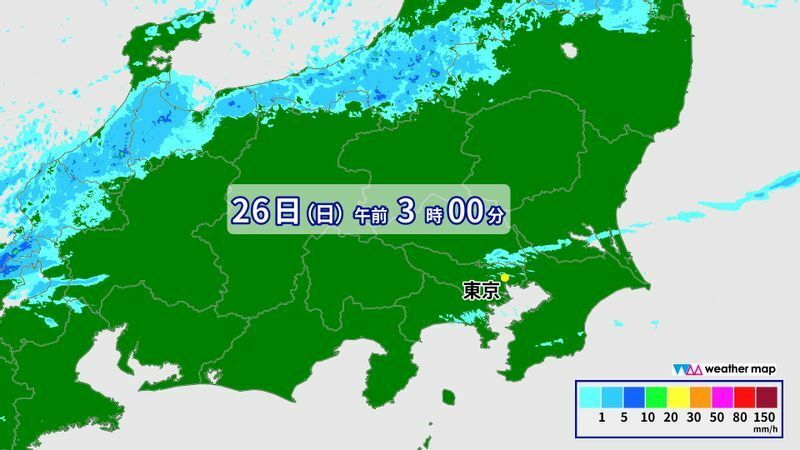 12月26日午前3時の高解像度ナウキャスト図　東京都心に雪雲がかかっている（ウェザーマップ作画）
