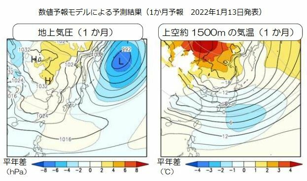 【1か月予報】地上気圧と上空約1500メートルの気温を予想した図（1か月予報資料より）