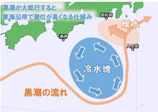 黒潮が大蛇行すると東海で潮位が高くなる仕組み（筆者作画）