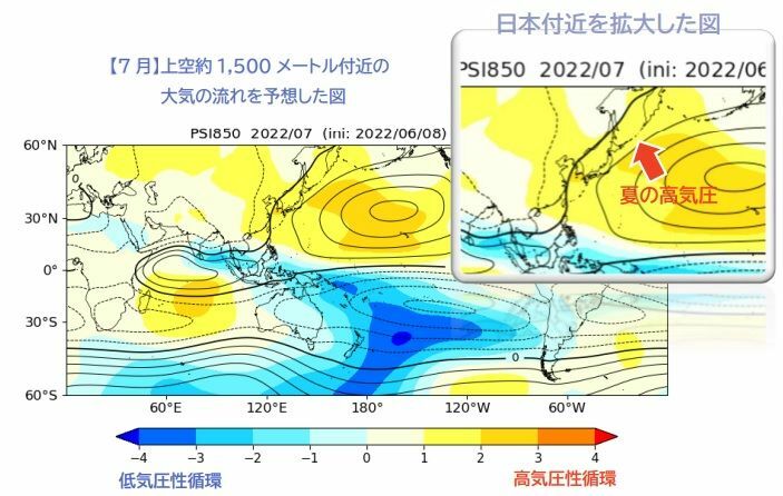 【2022年7月】上空約1,500メートルの大気の流れを予想した図（ウェザーマップ作画、筆者加工）