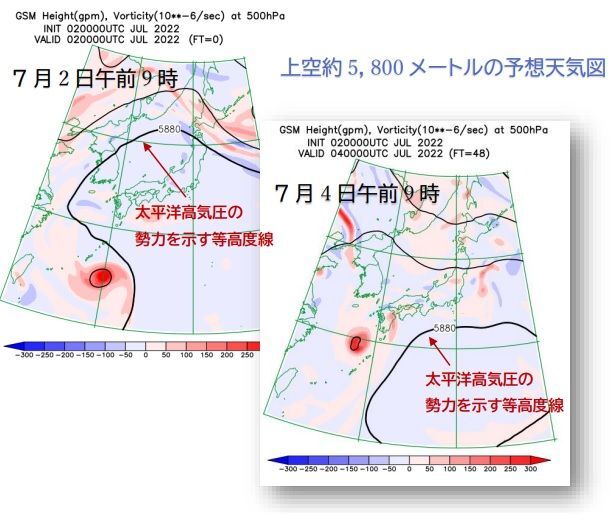 【500hPa天気図】太平洋高気圧は4日にかけて後退する見通し（ウェザーマップ作画、筆者加工）