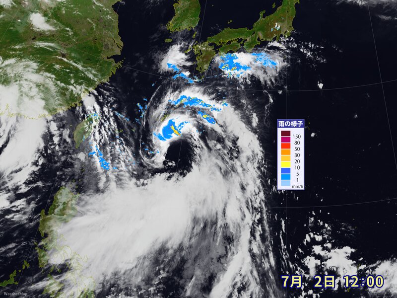 気象衛星ひまわり8号が捉えた台風4号の雲域（2022年7月2日正午、ウェザーマップ作画）