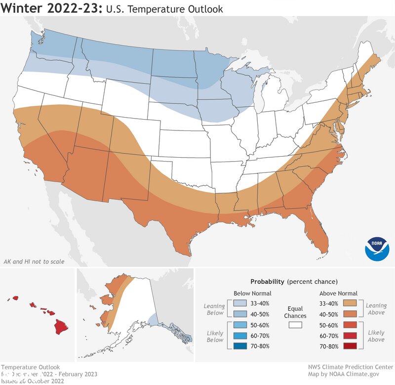 米国のこの冬の気温予想図（NOAAホームページより）