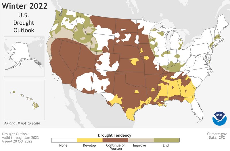 【2022年11月～2023年1月の干ばつ予想図】米国の半分以上の地域で、干ばつが続く予想となっている（NOAAホームページより）