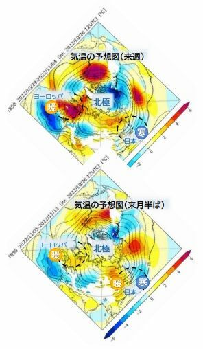 【上空1,500メートル付近の気温】週間アンサンブル予想図：上図は来週、下図は来月半ば（ウェザーマップ作画、筆者加工）