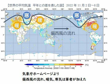 【世界の平均気温（2022年11月2日～8日）】平年との差を示した図：暖色は平年と比べて気温が高いことを、寒色は低いことを示す（図は気象庁ホームページより、筆者加工）