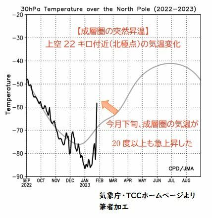 北極上空30hPaの気温変化を示したグラフ（気象庁ホームページより、筆者が言葉と矢印を加えた）
