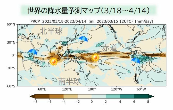 【1か月予報（3/18～4/14）】世界の降水量予測マップ（ウェザーマップ作画、筆者加工）