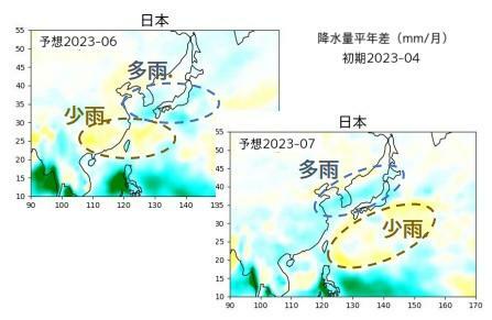 【降水量の予想図】上図は6月、下図は7月（ウェザーマップ作画、筆者加工）