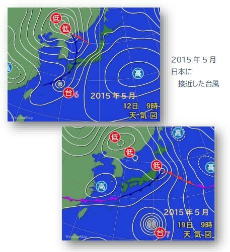 【2015年5月】日本に接近した台風6号と台風7号：気象人より、筆者加工