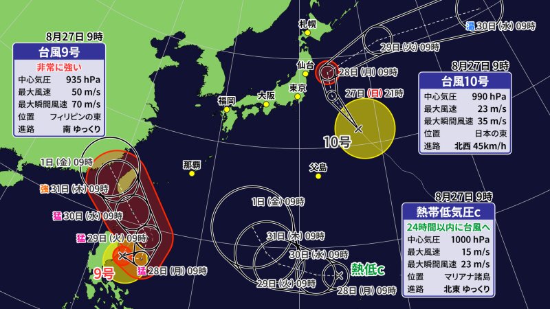 【台風進路予想図（8月27日9時現在）】台風9号、台風10号、熱帯低気圧C：ウェザーマップ作画
