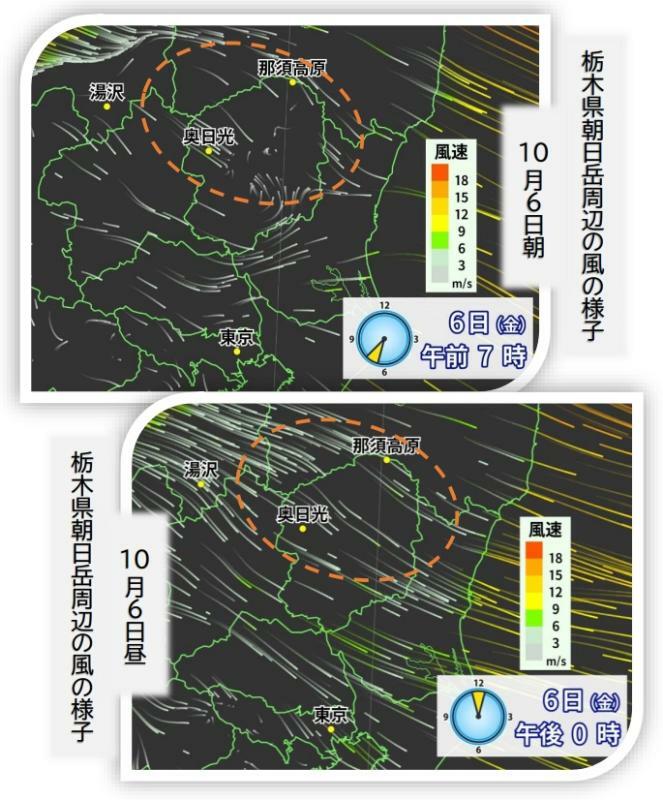 栃木県那須町・朝日岳周辺の風の様子（10月6日朝～昼）ウェザーマップ作画