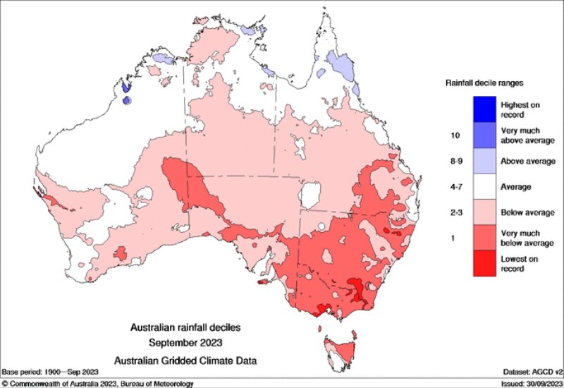 2023年9月のオーストラリアは広範囲で降水量が平均を下回った（オーストラリア気象局より）