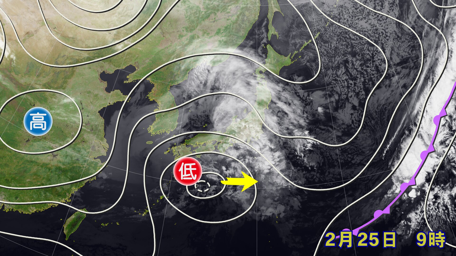 【2月25日午前9時の地上天気図】南岸低気圧による雲が北・東日本に広がっている、ウェザーマップ作画