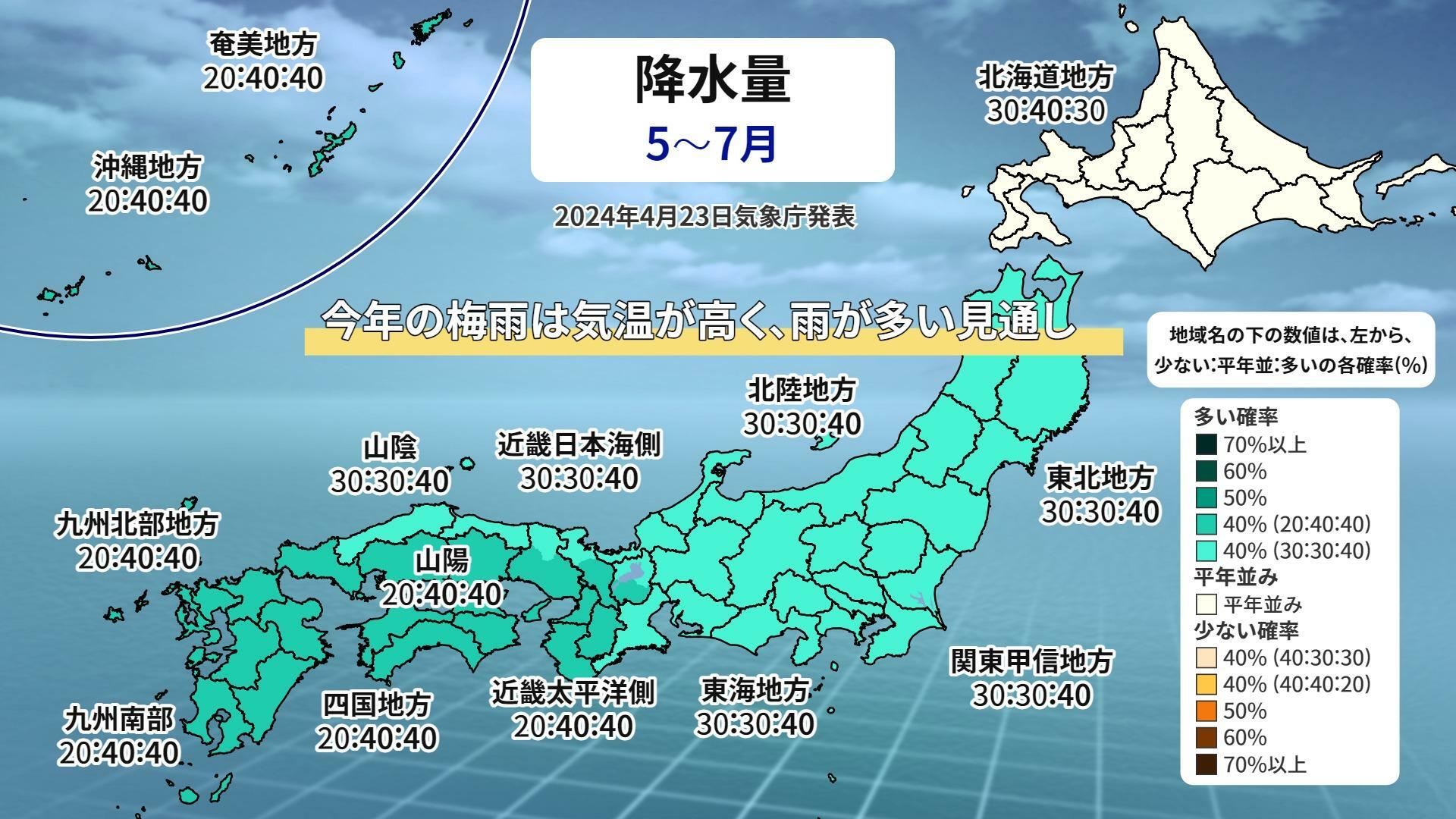 気象庁3か月予報（5月～7月）の降水量予想、ウェザーマップ作画