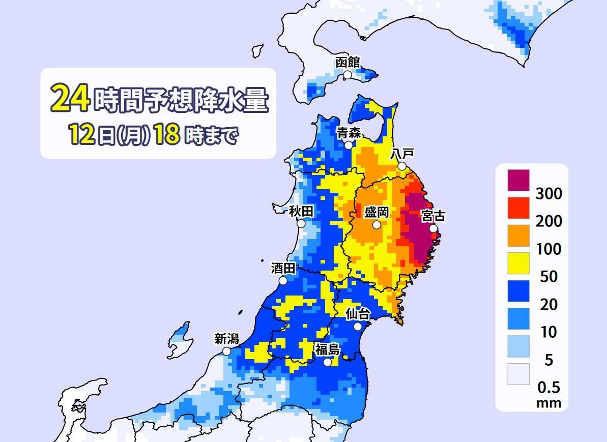 8月11日午後6時～12日午後6時までの24時間に予想される降水量：メソモデル（MSM）初期値11日00UTC、ウェザーマップ作画