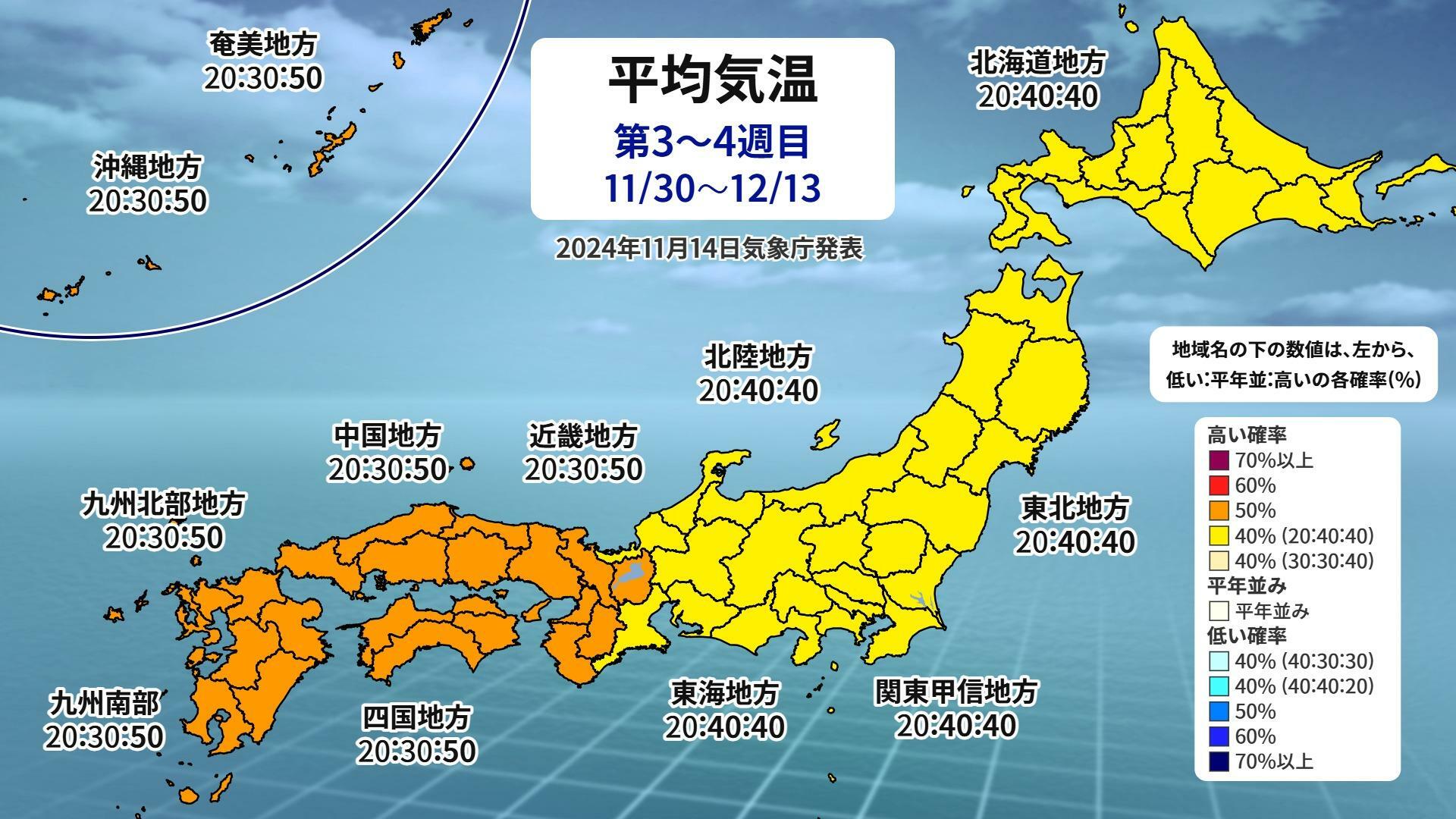 【気象庁1か月予報】第3週目～第4週目（11/30～12/13）の平均気温の予想図、ウェザーマップ作画