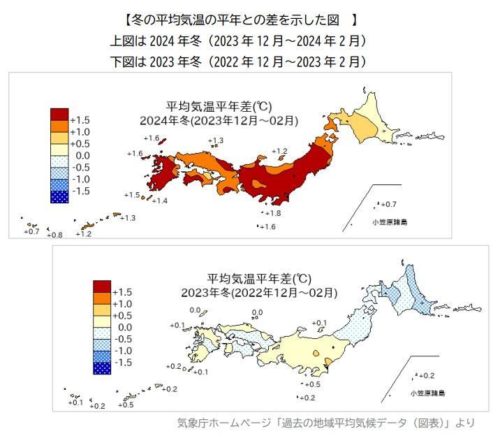 【冬の平均気温の平年との差を示した図】上図は2024年冬（2023年12月～2024年2月）、下図は2023年冬（2022年12月～2023年2月）、気象庁ホームページより