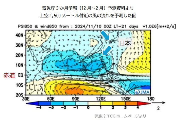 【気象庁3か月予報（12月～2月）予測資料】850hPa流線関数と風、気象庁TCCホームページより、「赤道」「日本」と水色の矢印は筆者が加えた