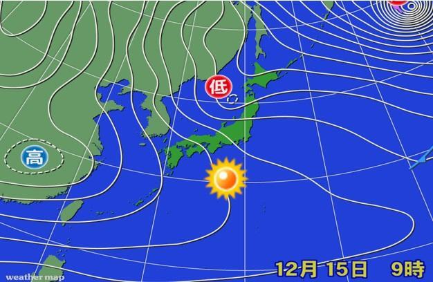 12月15日午前9時の地上天気図、ウェザーマップ作画、筆者加工