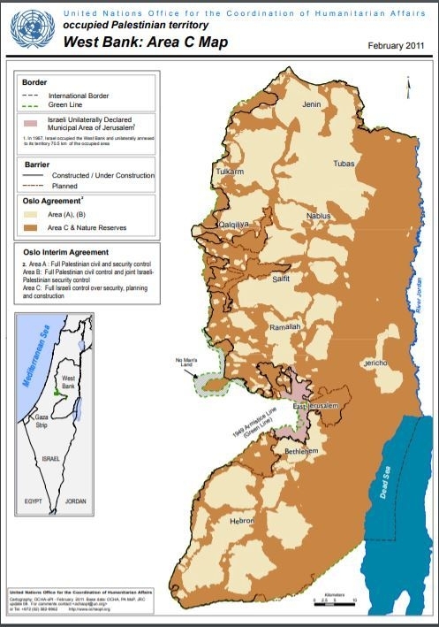 ヨルダン川西岸の地図。茶色がイスラエルが支配するC地区