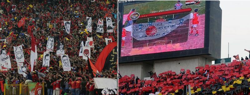 ２０１１年３月１８日、カイロスタジアムで革命後初めて行われたサッカーの国際試合。写真左は、革命で犠牲になった若者の幟が立つ客席。写真右は観客席の上に設置された大スクリーンに映し出された日の（撮影・川上成子）