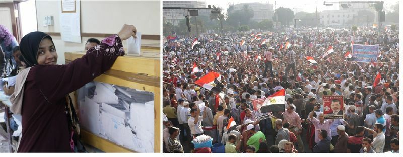 写真左は、エジプトで２０１１年１１月に実施された国民議会選挙で投票する女性。写真右は、２０１２年６月、エジプト大統領選挙でカイロのタハリール広場で行われたムルシ候補を支持する大規模集会＝共に筆者撮影