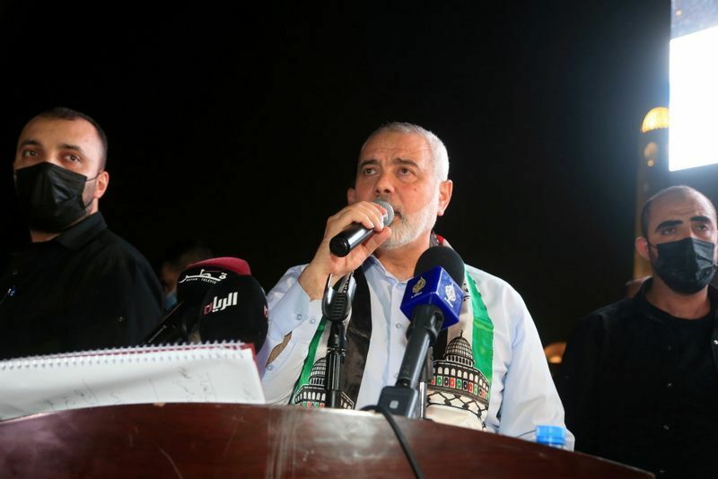 ガザ攻撃について演説するハマスの政治部門のトップのハニヤ氏