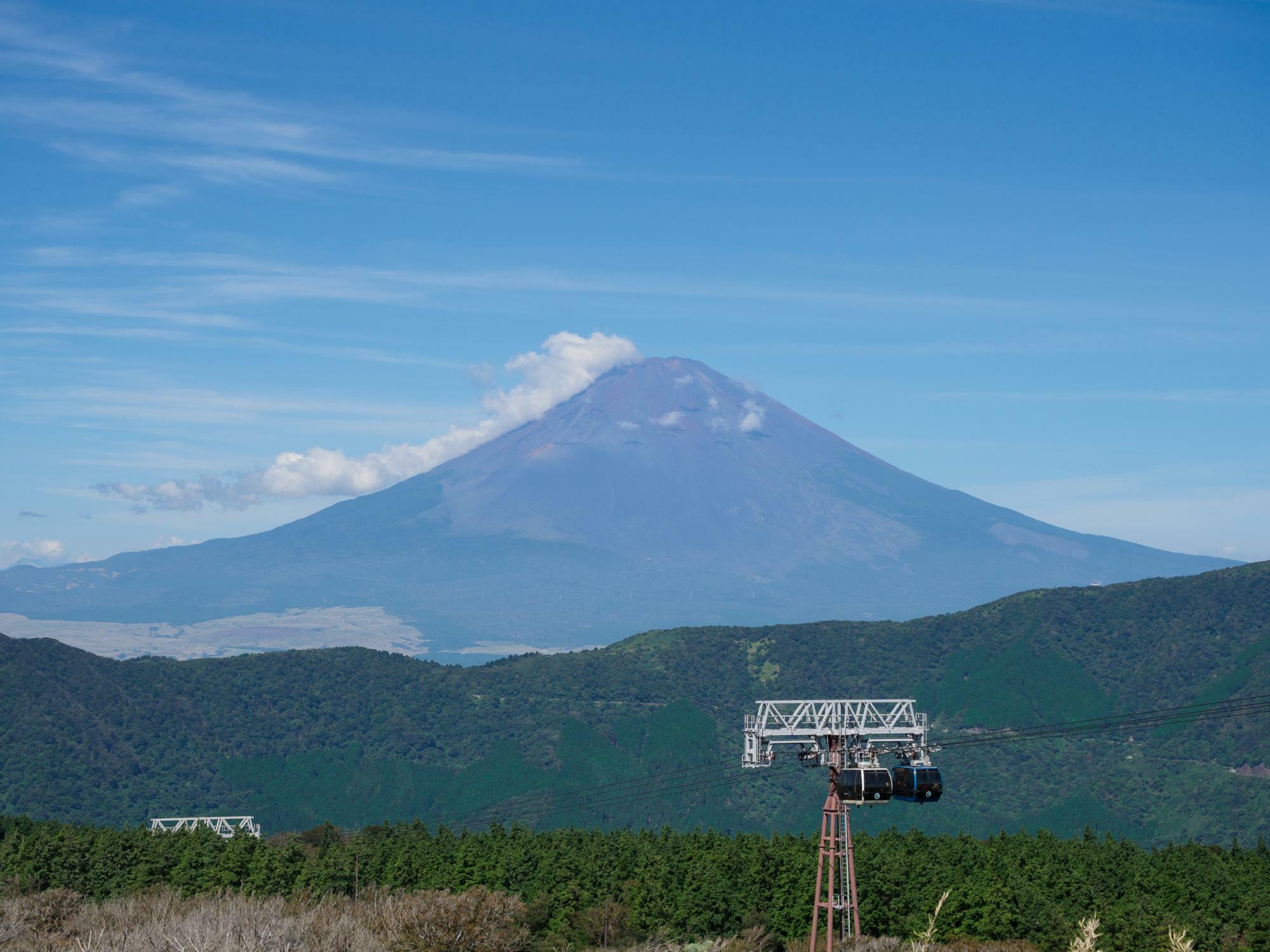 大涌谷から眺める箱根ロープウェイと富士山