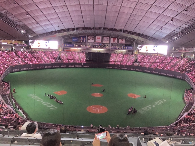 観客席がピンク一色に包まれた札幌ドーム（筆者撮影）