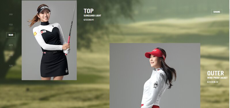 韓国のルコックゴルフのサイトでモデルを務めるイ・ボミとアン・シネ