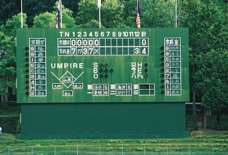 京都韓国学園が高野連に加盟した1999年。夏の府大会初戦で京都成章に0－34で敗れた試合のスコアボード(写真提供・李良剛氏)