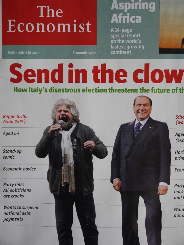 英誌エコノミスト最新号の表紙に登場したグリッロ氏（左）とベルルスコーニ氏